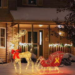HAOYYE Golden Elk Deer Sled with Red Sleigh Iron Frame Cotton Thread Green Onion Powder Holiday Courtyard Decoration Outdoor LED Lights Festive Christmas Yard Display Durable and Reusable