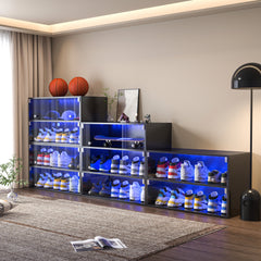 Haoyye Black Glass Door Shoe Storage Cabinet with RGB LED Light, Modern Sneaker Display Case with App Control and USB Power, Stackable Organizer for Bedroom or Entryway