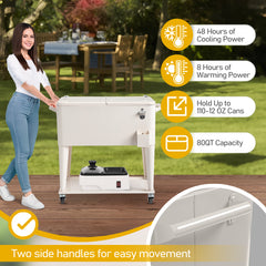 HAOYYE Milk White Rolling Cooler Cart Outdoor Beverage Tub with Bottle Opener Cap Catcher Insulated Ice Chest on Wheels Locking Casters for Patio Pool Party BBQ Camping