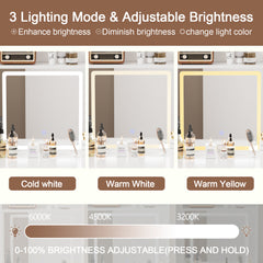 HAOYYE Small Space Vanity Table Set with 3 Adjustable Lighted Mirror and Storage Chair, Makeup Vanity Table for Small Space, White Dressing Table with Fold-up Panel for Bedroom