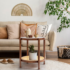 HAOYYE Rattan Coffee Table With Water Ripple Glass Top Hand-Woven Boho Side Table Compact Round End Table For Living Room Bedroom Balcony Patio Walnut Brown