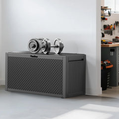 HAOYYE Black Outdoor Storage Deck Box Plastic Chest with Lockable Lid and Wheels Waterproof UV Resistant 90Gal Capacity for Garden Tools Patio Cushions BBQ Gear Garage Organization