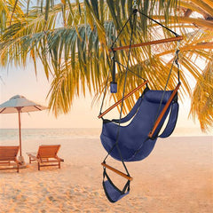 HAOYYE Outdoor Hanging Chair with Oxford Cloth Seat and Hardwood Support, Hammock Chair with Wooden Bar and Built-in Cup Holder, Portable Swing Chair for Patio Courtyard Balcony or Seaside Relaxation
