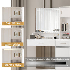 HAOYYE Vanity Desk With Mirror And LED Lighting, Dressing Table With Large Drawer And Multiple Storage Levels, 3 Lighting Modes With Adjustable Brightness, Modern White Design For Bedroom, Sturdy Space-Saving Construction