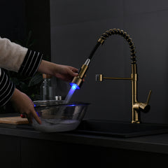 Haoyye Commercial LED Kitchen Faucet with Pull Down Sprayer, Single Handle High Arc Sink Faucet with Stream and Spray Modes, 360° Swivel Spout, Heavy Duty Brass Design, Easy to Install, Modern Space-Saving Fixture for Home, Farmhouse, or RV Kitchen