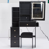 HAOYYE Small Size Left Bedside Cabinet Vanity Table + Cushioned Stool, 2 AC+2 USB Power Station, Hair dryer bracket, Extra Large Touch Control Sliding LED Mirror, Tri-color Switching, EPA,GCC,UL Certificate