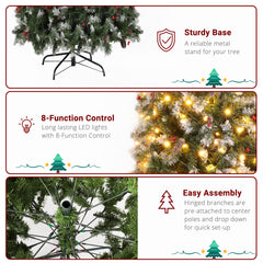 HAOYYE Green Artificial Christmas Tree 9FT Automatic Pointed Pencil Shape with 1298 PVC Branches, 460 Warm LED Lights, 8 Modes with Remote Control, 91 Pine Cones and 91 Berries, Sturdy Iron Base, Easy Assembly for Home and Office Holiday Decorations