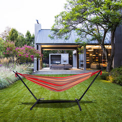 HAOYYE Portable Outdoor Hammock Set with Durable Polyester Fabric and Heavy Duty Steel Stand Ideal for Camping Travel Patio Garden Indoor and Outdoor Use Red