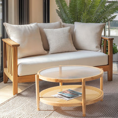 HAOYYE Rattan Coffee Table with Tempered Glass Top, Large Round Boho Style End Table with Hand-Woven Shelf, Sturdy Stable Structure for Living Room Bedroom Balcony Patio or Office