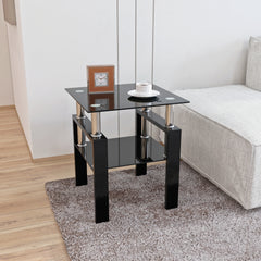Elegant Black Tempered Glass Table With Metal Legs For Sophisticated Home Decor Featuring A Chic Dual Layer Design With Durable Glass Top And Bottom Offering High Load Capacity And Versatile Use For Living Rooms And Bedrooms With Easy Assembly