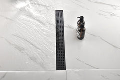 HAOYYE Linear Shower Drain with Removable Quadrato Pattern Grate, 304 Stainless Shower Drain Included Hair Strainer and Leveling Feet Sturdy Space-Saving Heavy Duty Modern Design Adults Dorm Room