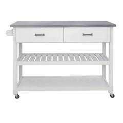 HAOYYE Kitchen Cart with Stainless Steel Tabletop, Two Drawers, and Storage Shelves, White, Sturdy Space-Saving Design, Heavy Duty Construction, Easy Assembly, Durable and Stylish Home Furniture