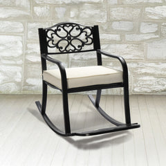 HAOYYE Metal Rocking Chair with Cushion and Footrest, Outdoor Patio Rocker Bench with Weatherproof Cast Iron Frame, Elegant Floral Backrest Rocking Seat for Garden, Porch, Deck, or Lawn Relaxation