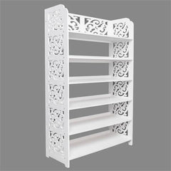 HAOYYE White Six-Tier Carved Wood-Plastic Shoe Rack, Durable and Space-Saving Storage Solution, Modern Design, Versatile for Living Room and Bedroom, Premium Quality and Stylish Look for Home Organization