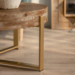 HAOYYE Modern Retro Round Coffee Table with Spliced Fir Wood Top and Gold Cross Legs Base, Sturdy Space-Saving Heavy Duty Design for Adults, Dorm Rooms, and Home Decor, Easy Assembly Entertainment Furniture for Living Rooms, Kitchens, and Offices