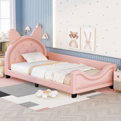 HAOYYE Twin Size Upholstered Daybed with Carton Ears Shaped Headboard, Pink Sturdy Space-Saving Heavy Duty Modern Design Adults Dorm Room Easy Assembly Bedroom Furniture