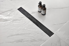 HAOYYE Linear Shower Drain with Removable Quadrato Pattern Grate, 304 Stainless Shower Drain Included Hair Strainer and Leveling Feet Sturdy Space-Saving Heavy Duty Modern Design Adults Dorm Room