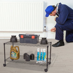 HAOYYE Black 2-Shelf Rolling Media Cart – Durable Steel Cart With Locking Wheels, Sleek Modern Design, Ideal For AV Equipment, Electronics, Kitchen, Office, And Home Use – Easy Assembly, Space-Saving, Adjustable Shelves.