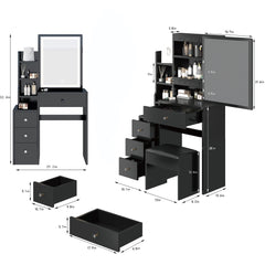HAOYYE Small Size Left Bedside Cabinet Vanity Table + Cushioned Stool, Extra Large Sliding Mirror, Multi Layer, High Capacity Storage Fashionable Dresser, Suitable for Small Space, EPA,GCC,UL Certificate