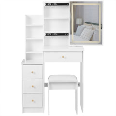 HAOYYE Small Size Left Bedside Cabinet Vanity Table + Cushioned Stool, Touch Control Sliding LED Mirror, Tri-color Switching, Brightness Adjust, Multi Layer, Suitable for Small Space, EPA,GCC,UL Certificate