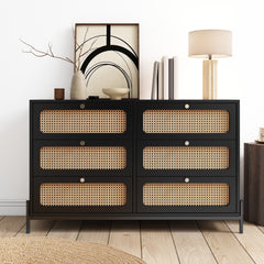 HAOYYE Modern Rattan Wood 6-Drawer Dresser, Storage Cabinet With Cannage Design, Versatile Sideboard For Bedroom, Living Room, Entryway, Or Hallway, Black, Sturdy Space-Saving Heavy Duty Design
