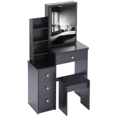 HAOYYE Small Size Left Bedside Cabinet Vanity Table + Cushioned Stool, Extra Large Sliding Mirror, Multi Layer, High Capacity Storage Fashionable Dresser, Suitable for Small Space, EPA,GCC,UL Certificate