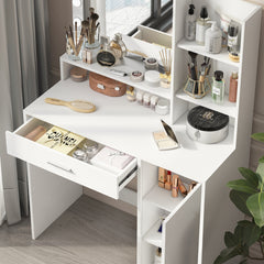 HAOYYE Vanity Desk with Mirror and Light, Three-Level Storage Dresser, Large Drawer, Adjustable Brightness with Three Lighting Modes, White, Sturdy Space-Saving Design, Heavy Duty Construction, Modern and Stylish Home Furniture