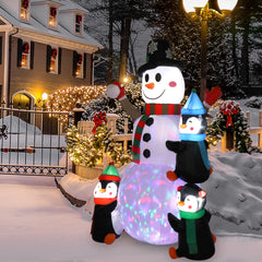 HAOYYE 6FT Inflatable Christmas Snowman Decoration with Three Penguins, Four Light Strings and One Colorful Rotating Light, Holiday Yard Garden Outdoor Decoration for Front Yard Lawn Party Winter Decor