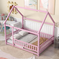 HAOYYE Full Size Floor Wooden Bed with House Roof Frame, Fence Guardrails ,Pink Sturdy Space-Saving Heavy Duty Modern Design Easy Assembly Durable Stylish Home Furniture Versatile