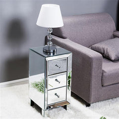 HAOYYE Modern Mirrored Nightstand with 3 Drawers, Contemporary Bedside Table with Glass Surface and Crystal Knobs, Stylish Storage Cabinet for Bedroom Living Room Decor