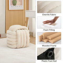 Haoyye Chenille Fabric Knot Design Ottoman Footstool Makeup Stool, Comfortable and Stylish Seat, Modern Upholstered Chair for Living Room or Bedroom, Beige, Sturdy and Space-Saving Furniture