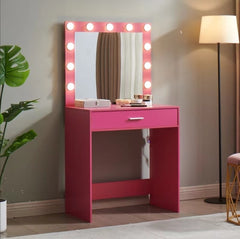 HAOYYE Vanity Desk with Mirror and Lights, Dressing Table with Large Drawer, 1 Level Storage Dresser & 3 Lighting Modes Adjustable Brightness, Suitable for Bedroom(Pink)
