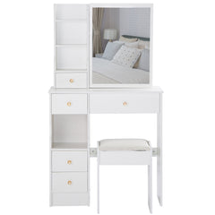 HAOYYE Small Size Left Drawer Desktop Vanity Table + Cushioned Stool, Extra Large Sliding Mirror, Multi Layer, High Capacity Storage Fashionable Dresser, Suitable for Small Space, EPA,GCC,UL Certificate