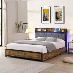 HAOYYE Full Size Bed Frame with Storage Headboard, Charging Station, LED Lights, and Four Drawers, Brown and Gray, Sturdy Space-Saving Design, Heavy Duty Construction, Modern Stylish Home Furniture
