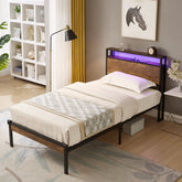 HAOYYE Twin Size Metal Platform Bed Frame with Wooden Headboard and Footboard with USB LINER, LED Lights ,No Box Spring Needed, Large Under Bed Storage, Easy Assemble Sturdy Space-Saving Heavy Duty Durable