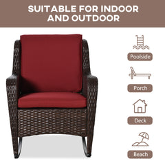 HAOYYE Brown Rattan Outdoor Rocking Chair with Wine Red Cushions, PE Wicker and Steel Frame Lounge Chair with Thick Padded Washable Cushions and Wide Armrests, Ideal for Patio Porch Garden and Backyard Relaxing Seating