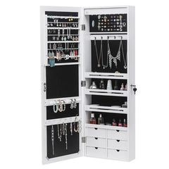 HAOYYE Wall Mounted Jewelry Cabinet with Mirror and Blue LED Lights, 4-Layer Storage Shelves and 6 Drawers, White Wooden Lockable Jewelry Organizer Armoire with Elegant Design