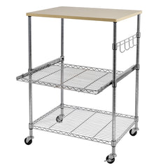 HAOYYE 3-Tier Wire Rolling Kitchen Cart – Durable Metal Storage Cart With Oak Top, Adjustable Shelves, Chrome Hooks, And Heavy-Duty Wheels, Perfect For Kitchen, Pantry, And Home Organization – Stylish, Rust-Resistant, Premium Quality.