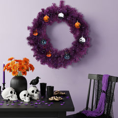 HAOYYE 24in Pre-Lit Halloween-Themed Christmas Wreath with 50 Purple and Orange LED Lights, 100 PVC Tips, and DIY Ball Ornaments, Lighted Artificial Xmas Wreath for Front Door, Gate, Wall, and Holiday Party Decorations