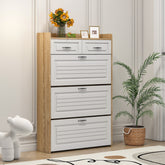 HAOYYE White and Oak Shoe Cabinet with 3 Doors and 2 Drawers, Large Storage Space, Sturdy Space-Saving Design, Heavy Duty Construction, Easy Assembly, Durable and Stylish Home Furniture