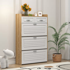 HAOYYE White and Oak Shoe Cabinet with 3 Doors and 2 Drawers, Large Storage Space, Sturdy Space-Saving Design, Heavy Duty Construction, Easy Assembly, Durable and Stylish Home Furniture