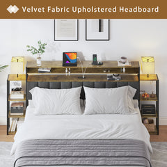 HAOYYE Queen Bed Frame with Storage, Platform Bed Queen Size with LED Lights and Charging Station, Dark gray velvet Headboard with Bookcase Shelves, No Box Spring Needed, Noise Free Sturdy Space-Saving