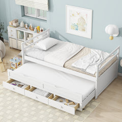 HAOYYE Twin Bed with Headboard, Footboard, Trundle and Storage Drawers, Pine Wood Twin Size Bed, White, Sturdy Space-Saving Heavy Duty Construction, Ideal for Adults and Dorm Rooms