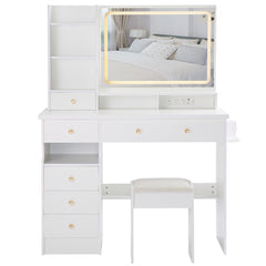 HAOYYE Large Vanity Table Set with LED Mirror, Cushioned Stool, Left Drawer Desktop, Built-in Power Station with 2 AC & 2 USB Ports, Hair Dryer Stand, Touch Control Lighting, Certified by EPA, GCC, and UL