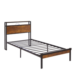 HAOYYE Twin Size Metal Platform Bed Frame with Wooden Headboard and Footboard with USB LINER, No Box Spring Needed, Under Bed Storage, Easy Assemble Sturdy Space-Saving Heavy Duty Modern Design Durable