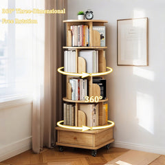 HAOYYE 5 Tier Rotating Bookshelf with 360 Degree Spinning Design and Wheels, Space-Saving Round Display Shelf Tower for Small Spaces in Bedroom, Living Room, Home Office, Modern Wooden Storage Organizer in Natural Wood Color