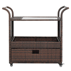 HAOYYE Outdoor Wicker Rattan Bar Cart on Wheels Brown Gradient Rolling Serving Sideboard with Storage for Patio Garden Balcony Party Beverage Station Portable Outdoor Furniture