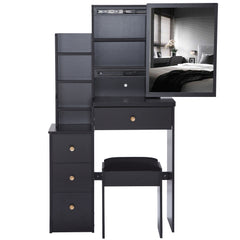 HAOYYE Small Size Left Bedside Cabinet Vanity Table + Cushioned Stool, Extra Large Sliding Mirror, Multi Layer, High Capacity Storage Fashionable Dresser, Suitable for Small Space, EPA,GCC,UL Certificate