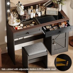HAOYYE Makeup Vanity Table with Large Mirror and 11 LED Lights, Adjustable Brightness, Dressing Table Desk with 3 Drawers, Modern Vanity Desk for Women, Black with Stool, Sturdy and Space-Saving Design