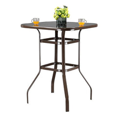 HAOYYE Wrought Iron Glass High Bar Table, Modern Patio Bar Table with Matte Brown Frame and Tempered Glass, Stylish and Durable, Perfect for Outdoor or Indoor Dining, Bars, and Restaurants